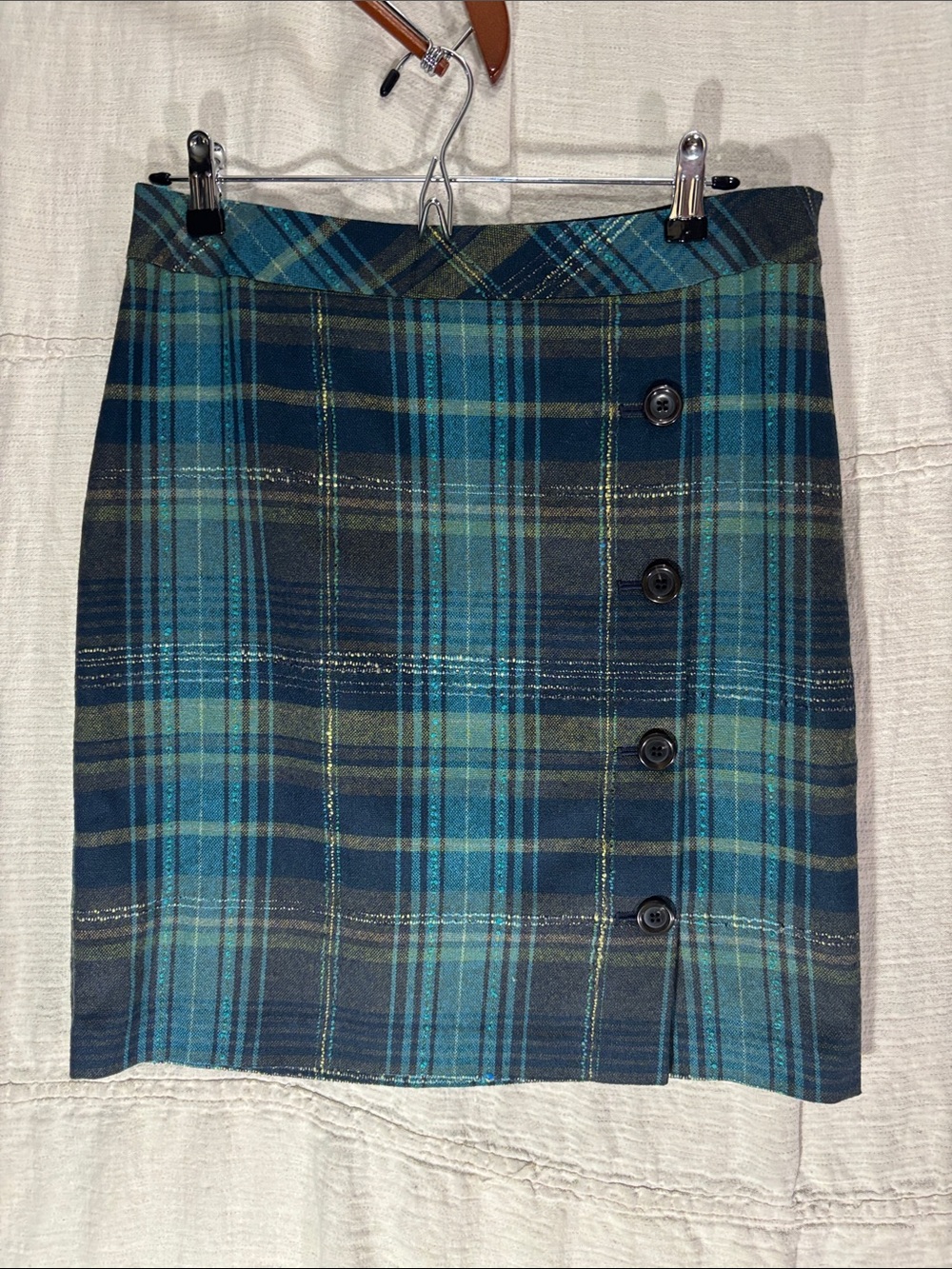 J. Jill Teal Navy Plaid Wool Blend Metallic Button Mini Skirt Size 6